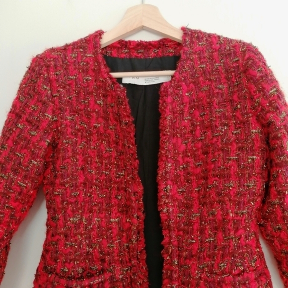 IRO Disco Frayed Metallic Bouclé-Tweed Blazer Jacket Red Wool Open Front 34 2 US - Picture 8 of 17